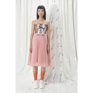 Đầm hai dây hoạ tiết nơ xếp li 